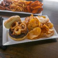 Pulled Pork Burger · 1/2 lb. certified Angus beef patty charbroiled and topped with BBQ pulled pork and crispy on...
