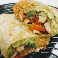 13. Chicken Fajita Wrap · Avocado, Spanish Rice, shredded lettuce, salsa and sour cream. With large fries and medium d...