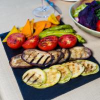 Side Veggies · Locally sourced fresh roasted eggplant, cauliflower, bell pepper,  zucchini, herb tahini.
