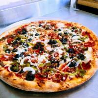 G's Supreme Pizza · Pepperoni, sausage, bacon, mushrooms, green peppers, black olives, onions, sauce and mozzare...