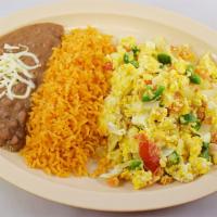 Huevos a la Mexicana · Three scrambled eggs with chopped tomato, onions and jalapeni peppers. Served with rice, bea...