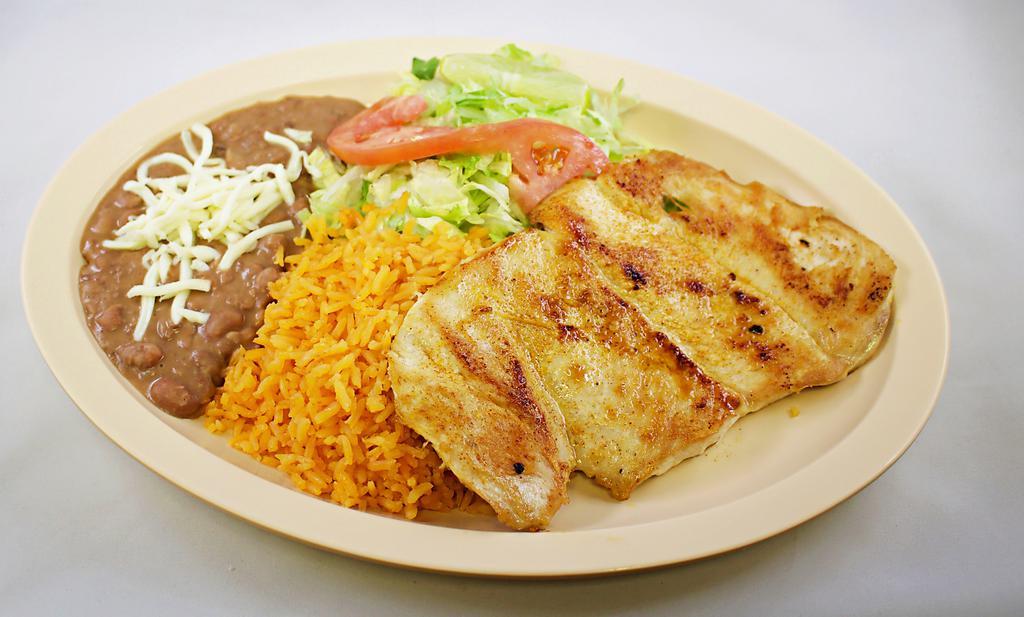 Pechuga de Pollo Asada · Grilled chicken breast. Served with rice, beans and salad.