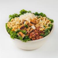 Chicken Bacon Kale Salad · Massaged kale, free-range chicken, uncured bacon, toasted almonds, breadcrumbs and aged Parm...