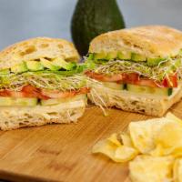 Avocado Pepper Jack Sandwich · Avocado, pepper jack cheese, green leaf lettuce, sprouts, English cucumbers and tomatoes on ...