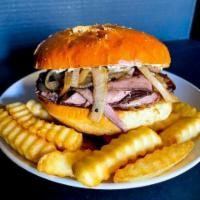 Roast Beef Sandwich with fries · Roast Beef with balsamic caramelized onions and horseradish sauce.  Includes a side of fries.