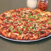 BBQ Chicken Pizza · Grilled white meat chicken, crisp bacon, cheddar, tomatoes, red and green onions, and sweet ...