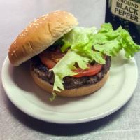 Hamburger · 100% seasoned beef patty served with mayonnaise, ketchup, lettuce, tomato and pickles. 