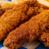 Chicken Tenders · 4 crispy chicken strips served with choice of honey mustard or BBQ sauce. 