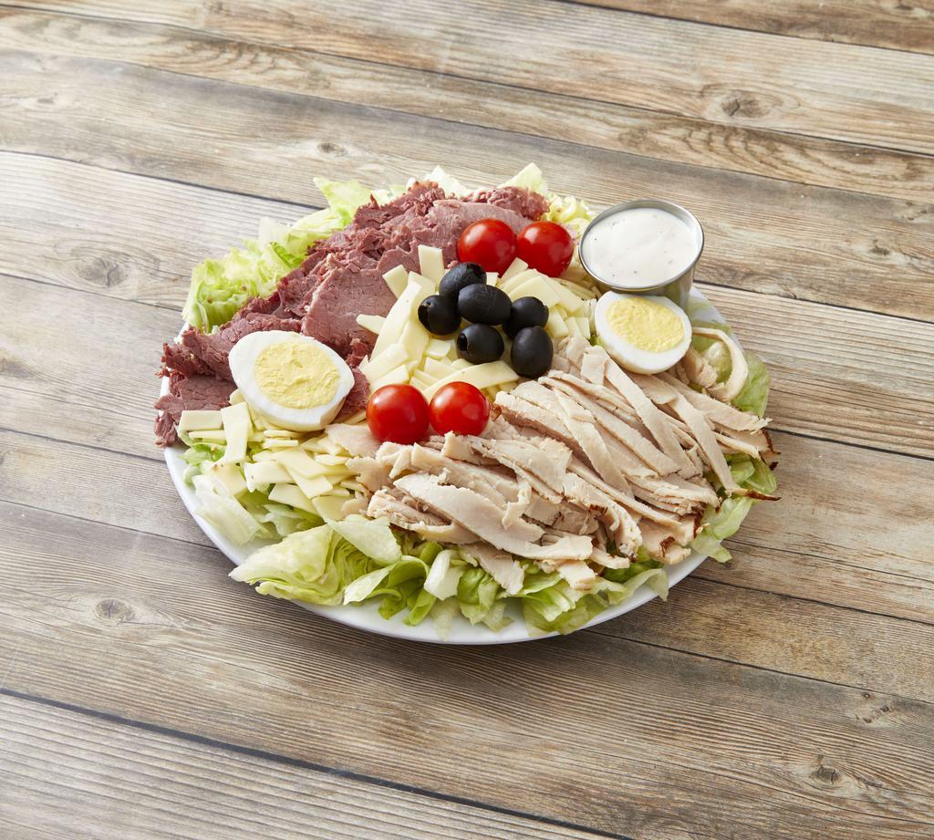 The B.B Salad · Crisp lettuce topped with corned beef, turkey, Swiss cheese and hard boiled egg.