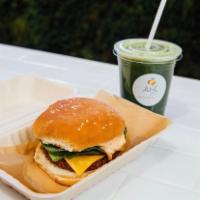 Ju-C Burger · Plant-based beyond burger, lettuce, tomatoes, onion, our homemade vegan Sriracha aioli on a ...