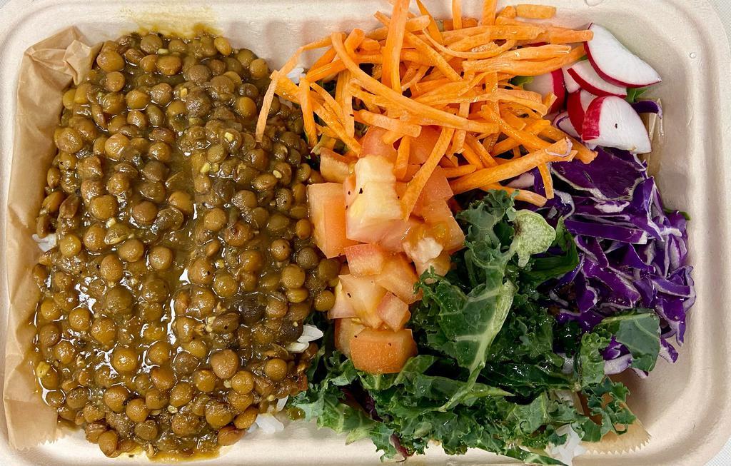 Lentil Bowl · Basmati rice or quinoa, fresh homemade lentils, lettuce, kale, red cabbage, tomatoes, radish, and carrots.