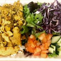 Cumin Chicken Bowl · Organic chicken breast, mixed green, tomatoes cucumber, red cabbage, cucumber, onion, and ba...