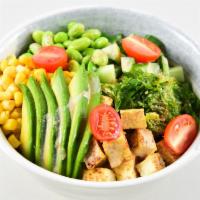 Vegetarian Lover Bowl · Tofu, avocado, seaweed salad, cucumber, edamame, corn, sprout, sesame creamy sauce and house...