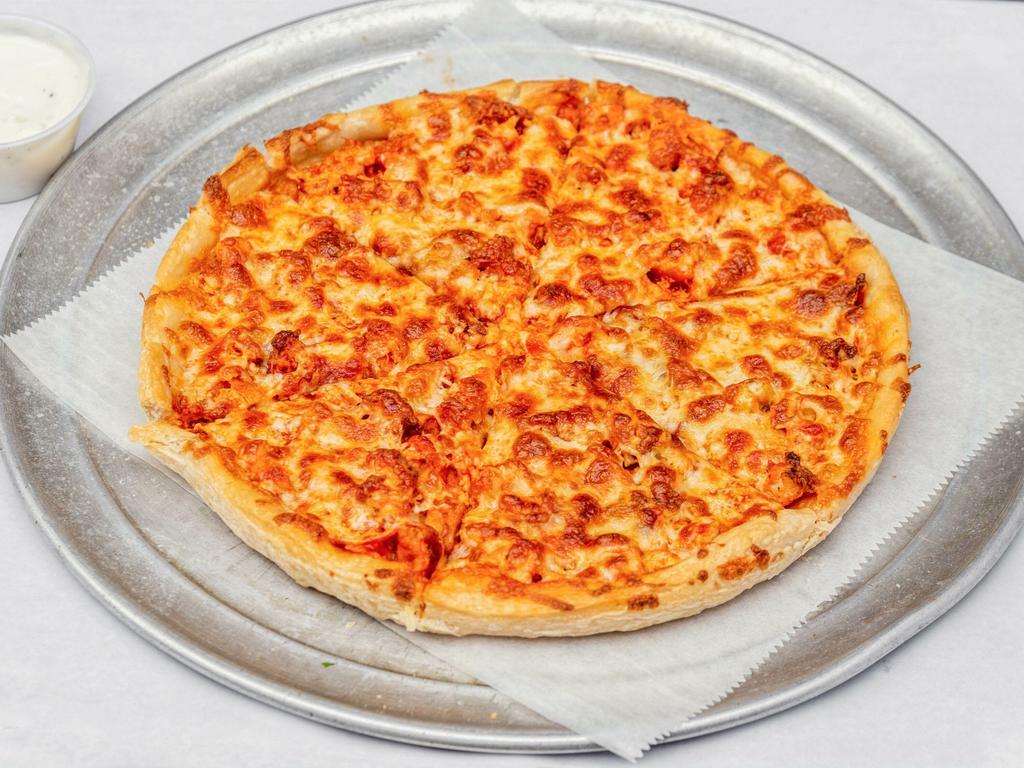 Buffalo Chicken Pizza · Fresh breaded tenders on a Buffalo base. Small comes with 1 blue cheese, large comes with 2.