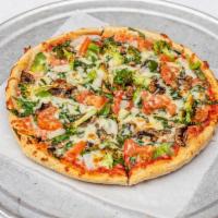 Fresh Garden Vegetable Pizza · Fresh vegetables: spinach, broccoli, fresh mushrooms, onions, green peppers and diced tomato...