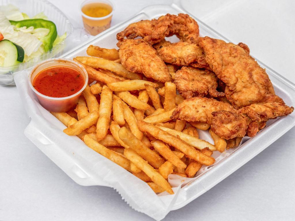 Fresh Chicken Finger Dinner · Fresh homemade breaded chicken tenders made to order. Served with french fries or rice and salad. Comes with your choice of dipping sauce. 6 piece comes with one, 9 piece comes with two.