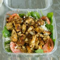 Grilled Chicken Spinach Salad · Baby spinach, feta cheese, tomatoes, cooked mushrooms and onions.