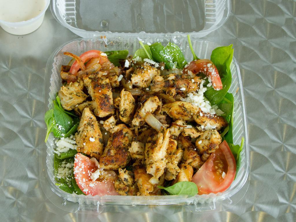 Grilled Chicken Spinach Salad · Baby spinach, feta cheese, tomatoes, cooked mushrooms and onions.