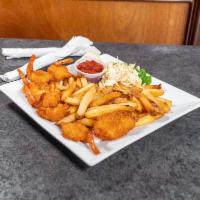 Fried Shrimp · 8 large breaded and fried gulf shrimp served with fries and cole slaw.