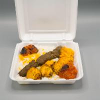 Combo Kebab · Flame-broiled ground beef and chicken served tomatoes and rice.
