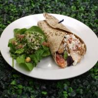 Greek Salad Wrap · Grilled chicken breast, spinach, all natural feta, tomato and olives in whole grain tortilla...