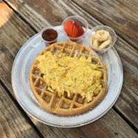 Waffle & Eggs · Waffle with scrambled eggs & syrup. Served with a side of fresh fruit. 
