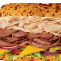 #8 Roast Beef, Turkey & Cheddar Sandwich · Over 1/4 lb. of medium rare roast beef and turkey with mayo. Served Togo's style (lettuce, t...
