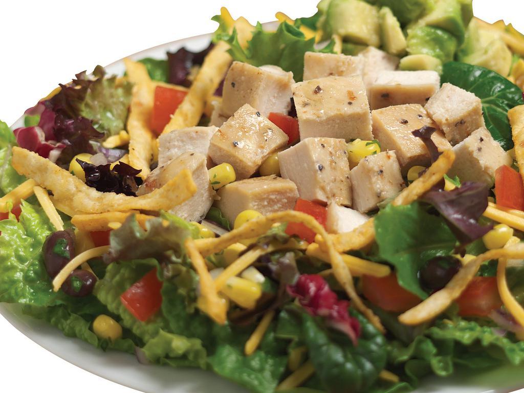 Santa Fe Chicken Salad · Mixed greens with avocado, tomatoes, black bean and corn salsa, cheddar cheese, tortilla strips and Zesty Pepitas dressing.