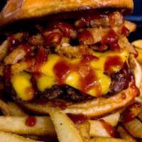 Cowboy Burger · Sirloin beef, american cheese bbq sauce and fried onion hay