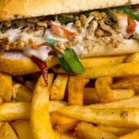 Chicken Philly Sandwich · Chopped chicken sandwich with grilled onions, sauteed mushrooms, and provolone.