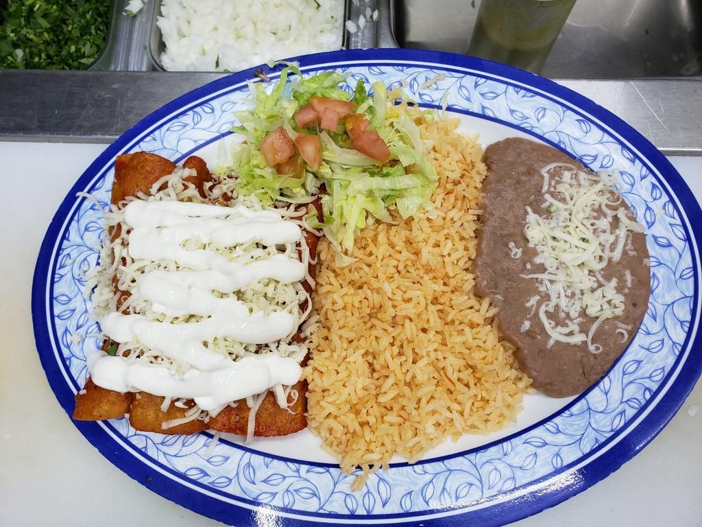 Cheese Enchilada · Comes with rice, 
beans, and sour cream.
