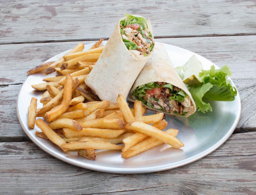 Chicken Bacon Ranch Wrap and Fries · Grilled chicken, chopped bacon, Mozzarella, lettuce, and tomatoes topped with Ranch dressing.