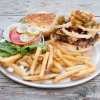 Cowboy Burger · 1/2 burger topped with American cheese, bacon, onion straws jalapenos, and signature bourbon...