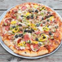The Kitchen Sink Pizza · Pepperoni, ham, bacon, sausage, mushrooms, green peppers, onions and olives.