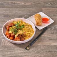 C11. General Tso's Chicken Combination Platter · Served with pork fried rice and egg roll. Spicy.