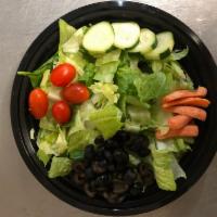 Garden Salad · Fresh, Crisp Romaine, Baby Spinach and Iceberg Lettuce Topped with Black Olives, Sliced Carr...