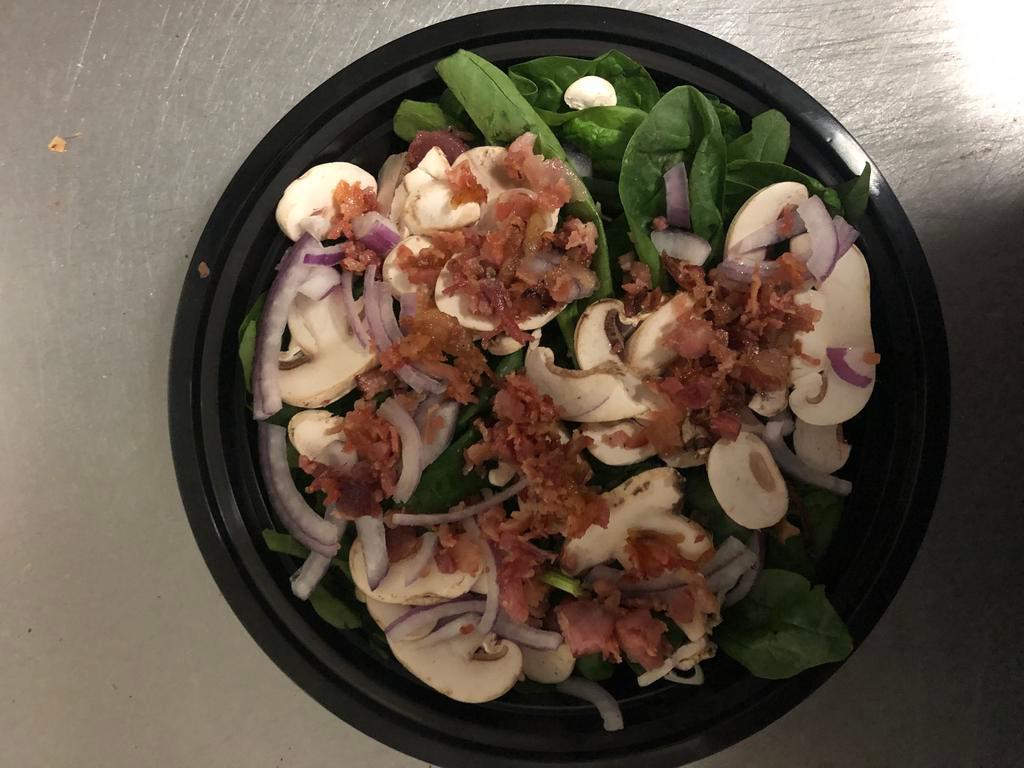 Spinach Salad · Baby Spinach, Sliced Mushrooms, Sliced Onions and Real Bacon. Served with Balsamic Vinaigrette Dressing.