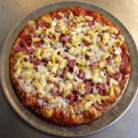 #07 Hawaiian Special · Original Red Sauce, Canadian Style Bacon, Ham, Pineapple and Extra Cheese.