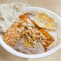 Huevos Rancheros Plate Breakfast · Mexican salsa and enchilada sauce. Served with rice, beans and tortilla.