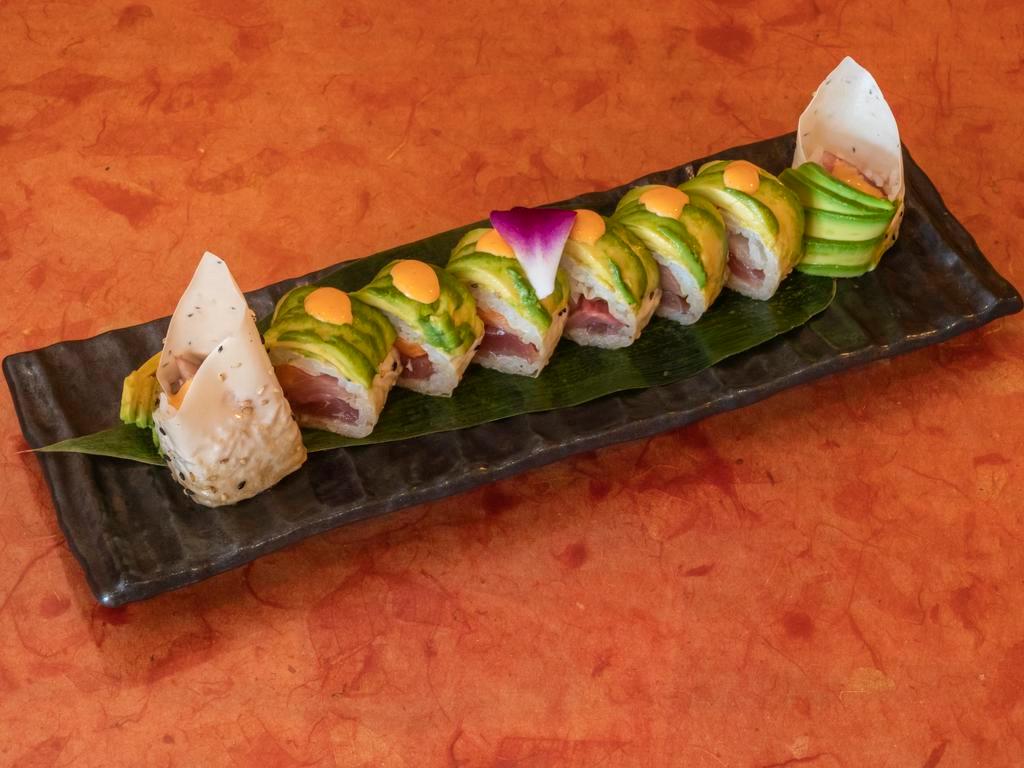 Victoria Secret Roll · In: tuna, salmon and yellowtail. Out: soy paper, avocado, spicy mayo and unagi sauce.