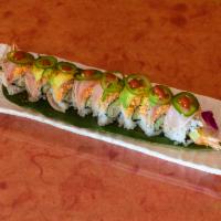 Crazy and Fire Roll · In: shrimp tempura, cucumber. Out: spicy tuna, spicy crab, avocado, albacore, jalapeno spicy...