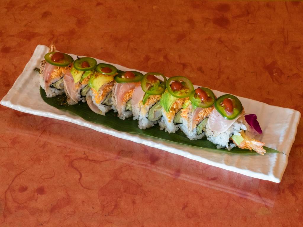 Crazy and Fire Roll · In: shrimp tempura, cucumber. Out: spicy tuna, spicy crab, avocado, albacore, jalapeno spicy sauce and Sriracha.