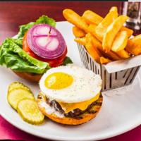 Beef Breakfast Burger · Fresh Never Ever Frozen 1/2 Pound Charbroiled Beef Burger topped with romaine lettuce, slice...