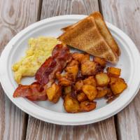 The Breakfast Plate · 2 eggs served your way, bacon or sausage, home fries, and Texas toast.