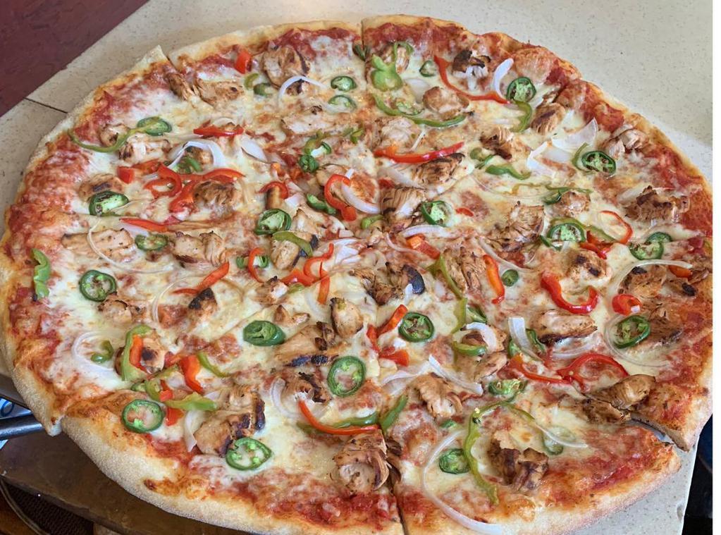 Chipotle Fiesta · Grilled Chicken, Peppers, Onions, Chipotle Pizza Sauce