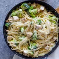 Chicken, Broccoli and Alfredo Sauce · Served with choice of pasta, salad, bread and butter and Romano cheese.