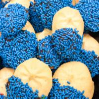 Sprinkled Cookie · Chocolate dipped sprinkled butter cookies. 
*Sprinkle colors will vary*
