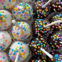 Chocolate Cake Pop · Chocolate cake with chocolate ganache frosting and sprinkles.
*Sprinkle color will vary*