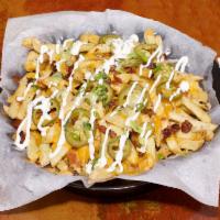 Lord of the Fries · French fries loaded with cheese, bacon, house pickled jalapenos, sour cream, and scallions. ...