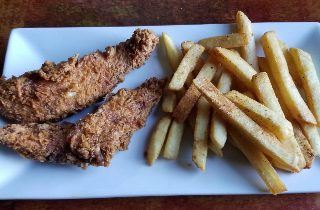 Kids' Chicken Tenders · 2 chicken tenders. Served with fries or tots. Substitute for a side of fresh fruit at an additional cost.